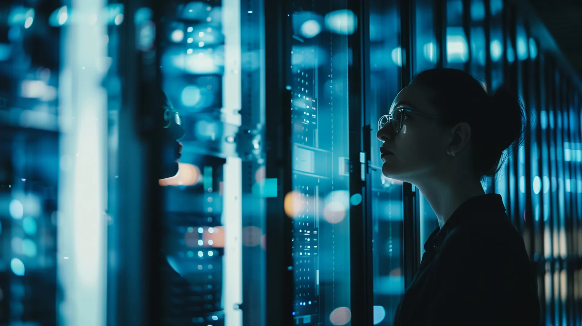 A secure server room with glowing lights, symbolizing robust database infrastructure and support.