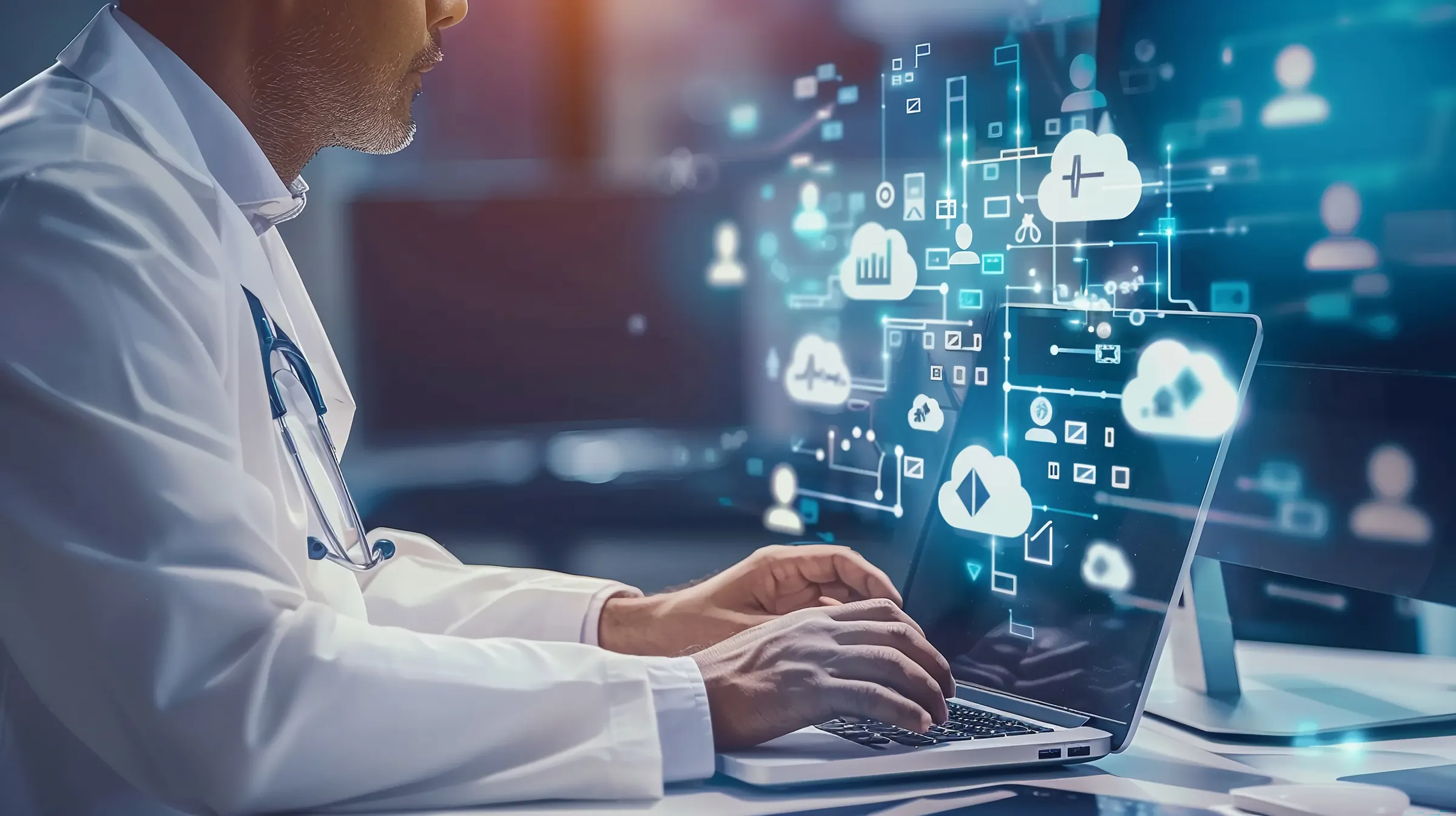 DBA consultant reviewing secure healthcare database metrics on a laptop screen.